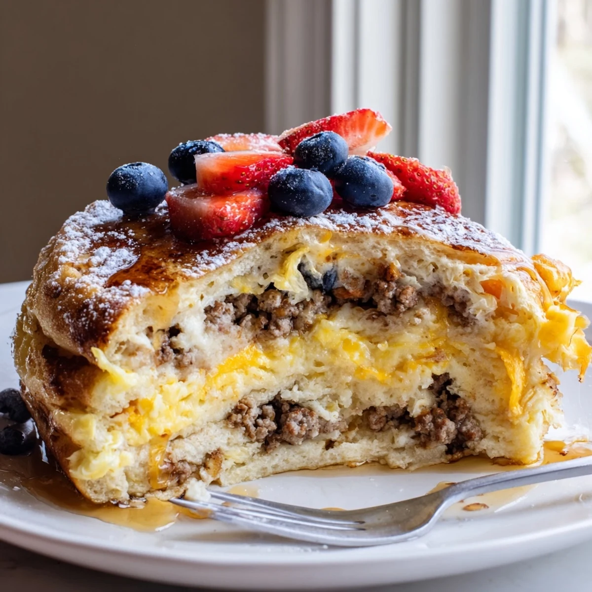 Overnight pancake breakfast bake with melted cheddar and fluffy egg custard layers