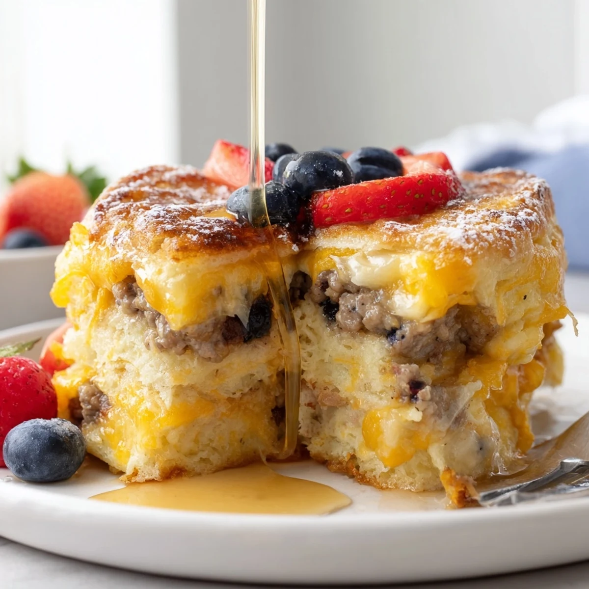 Steaming overnight pancake breakfast bake drizzled with maple syrup in a baking dish