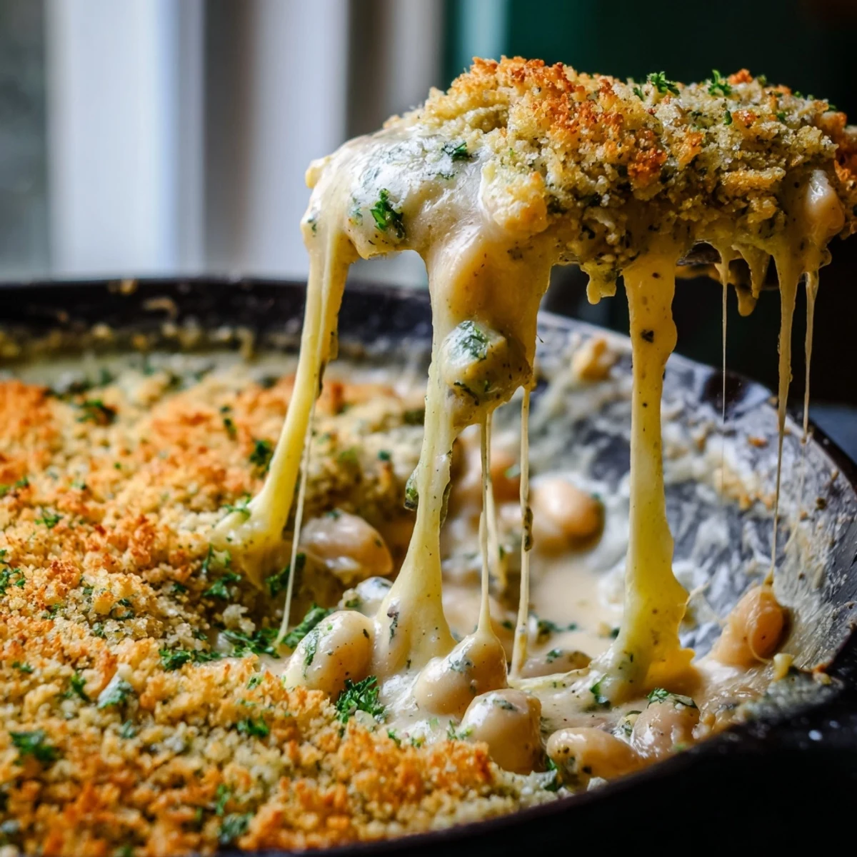 Creamy Spiced White Beans With Mushrooms bubbling under a golden cheddar herb crust in a cast iron skillet