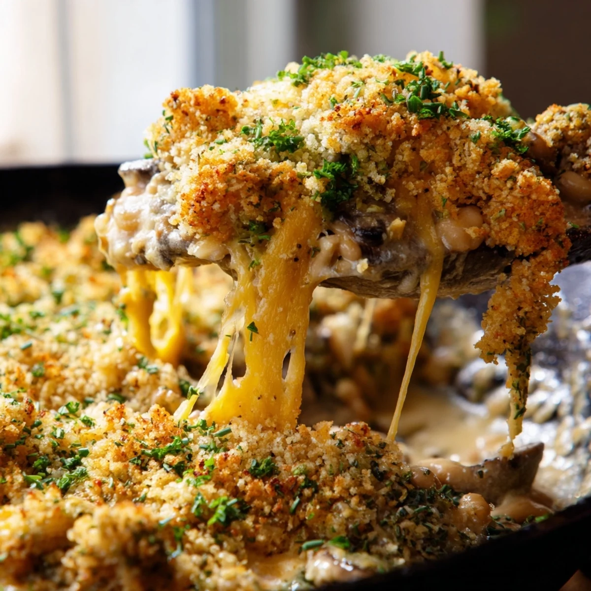 Tender white beans and earthy mushrooms smothered in a rich spiced cream sauce topped with melted sharp cheddar and fresh herbs