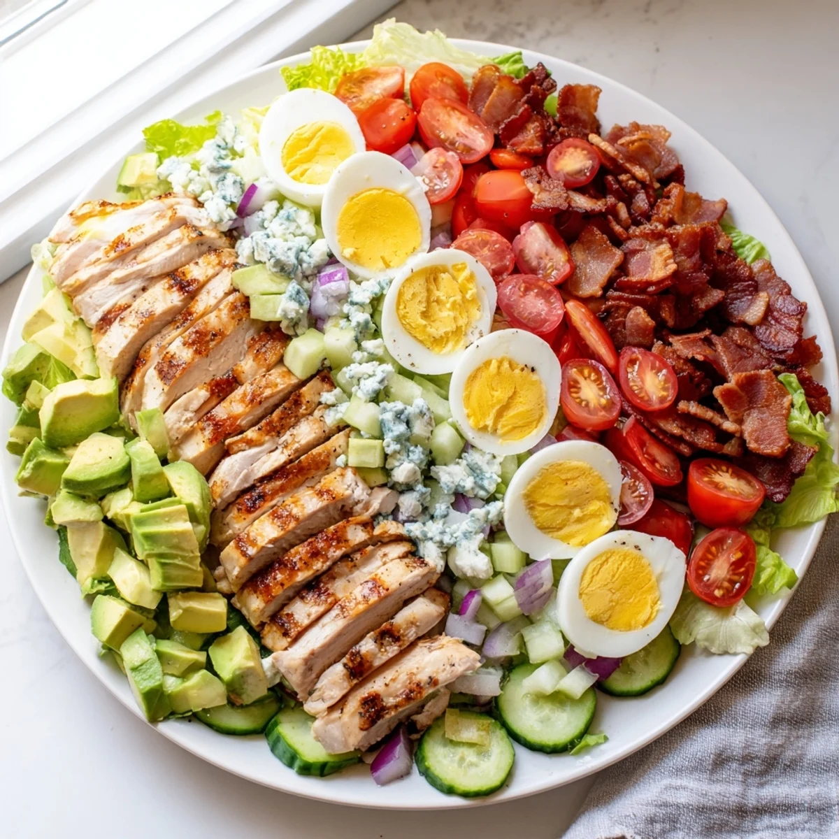 Colorful Cobb salad with grilled chicken, bacon, and eggs on crisp romaine lettuce