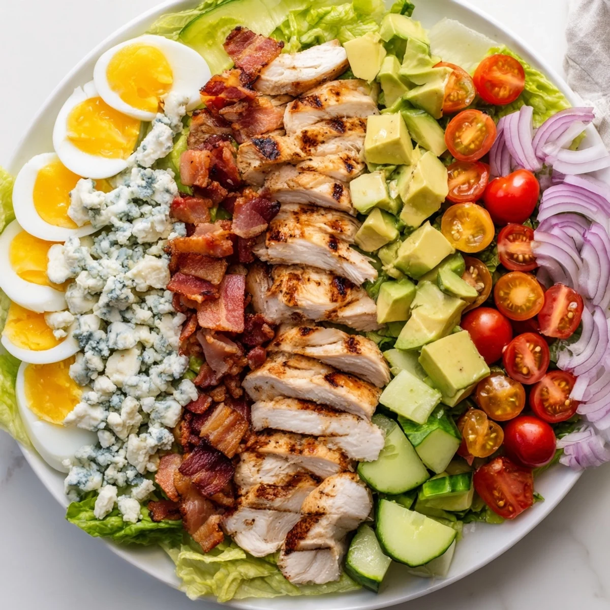 Classic Cobb salad beautifully arranged in rows with creamy avocado and blue cheese