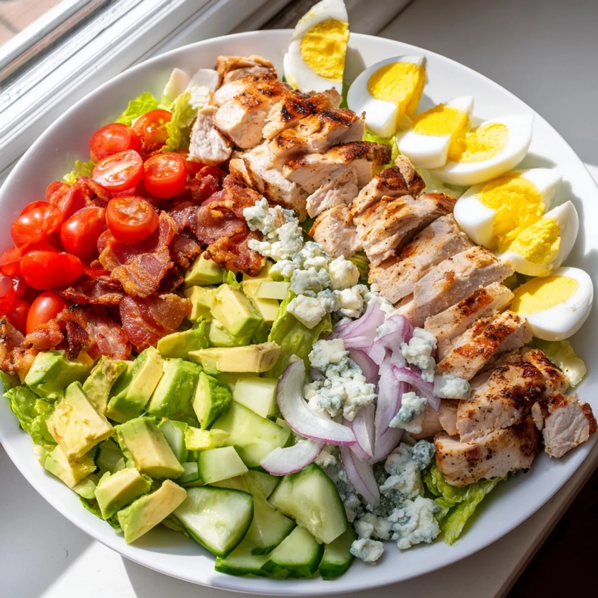 Hearty Cobb salad topped with juicy chicken, hard-boiled eggs, and tangy vinaigrette dressing