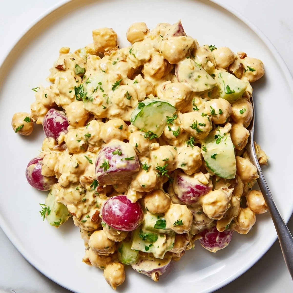 Hearty vegan chicken salad scooped into a fresh lettuce wrap with colorful vegetables