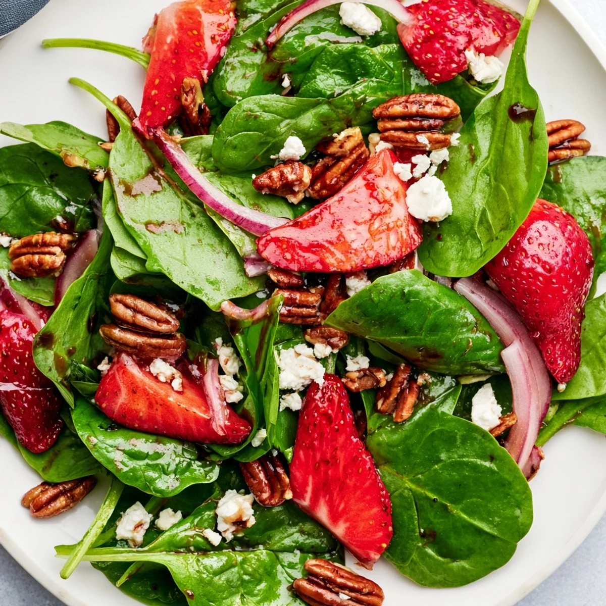 Fresh baby spinach leaves topped with juicy red strawberries and crunchy toasted pecans