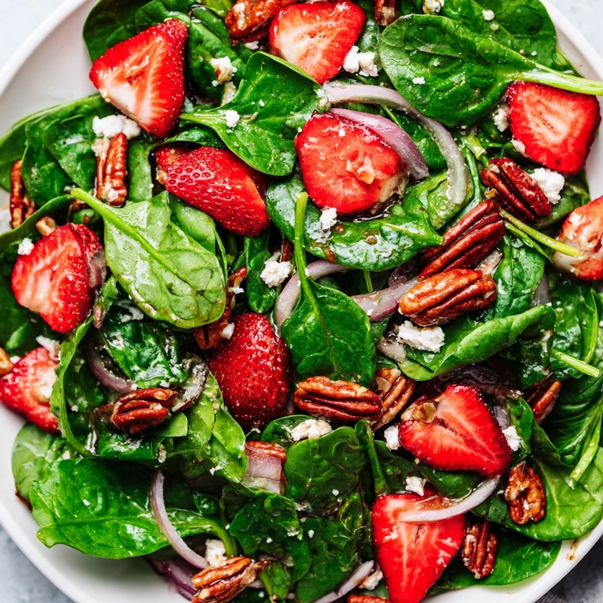 Spinach strawberry salad with pecans drizzled with glossy balsamic vinaigrette on a rustic plate
