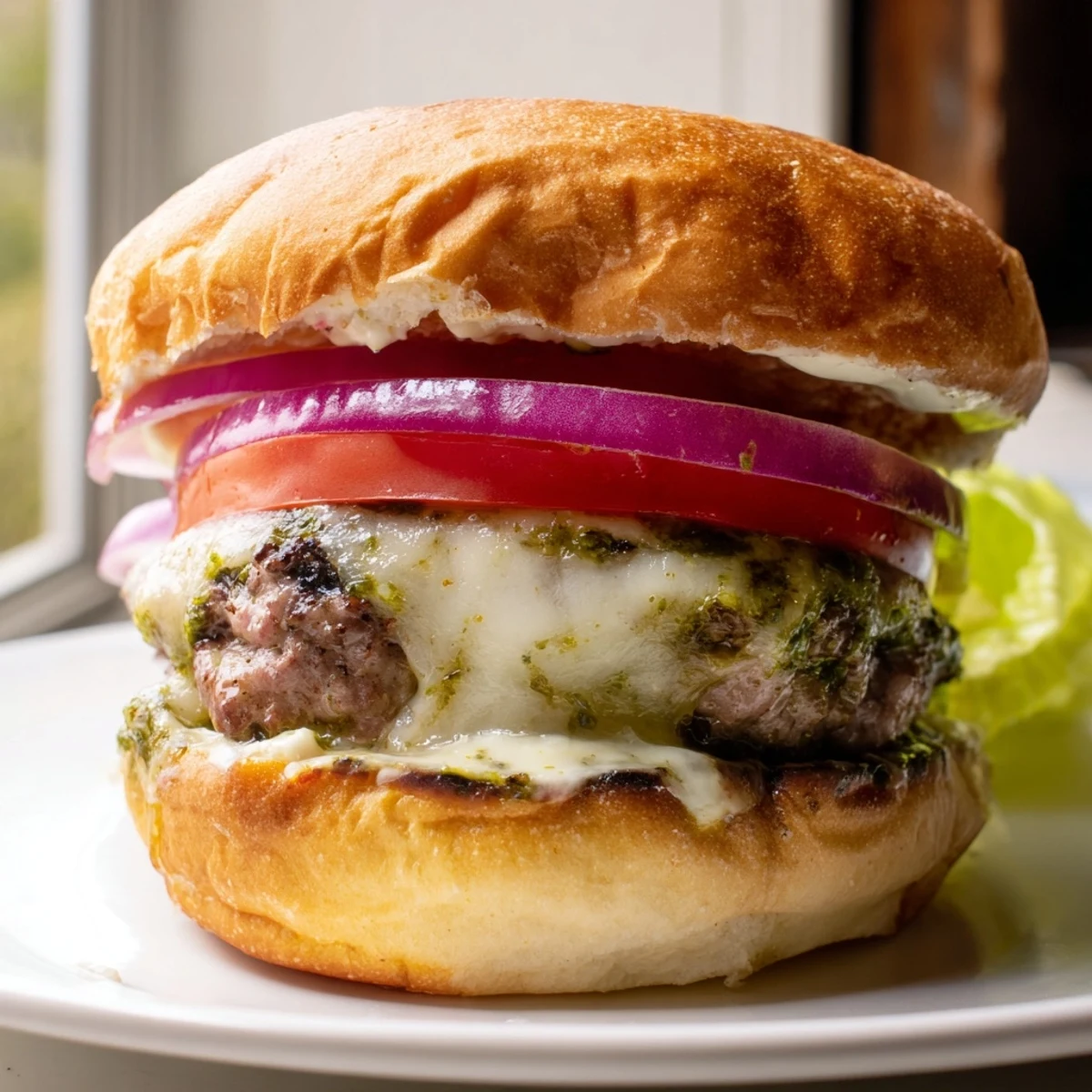 Juicy pesto garlic burgers with melted provolone on golden toasted buns