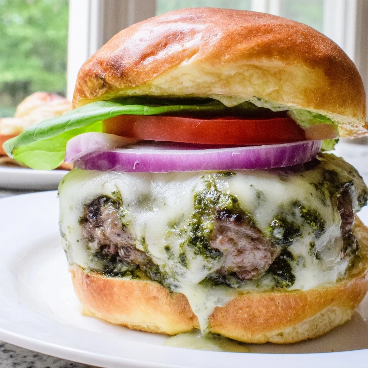 Sizzling pesto garlic burgers drizzled with creamy garlic mayo and crisp lettuce