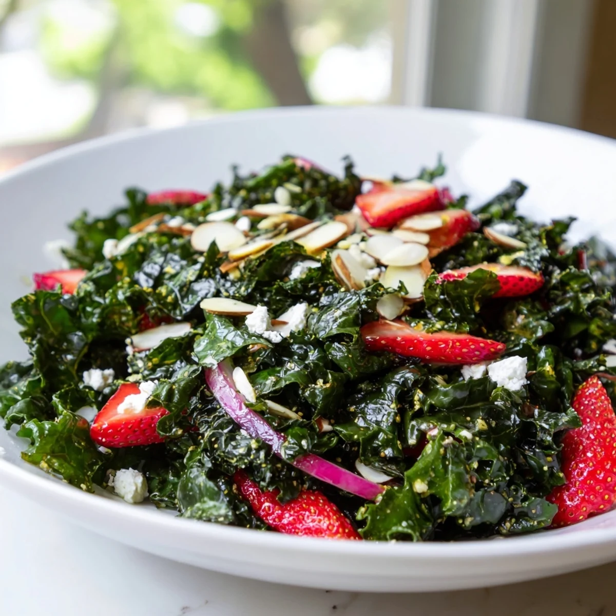 Fresh strawberry kale salad drizzled with golden honey lemon dressing on a rustic plate