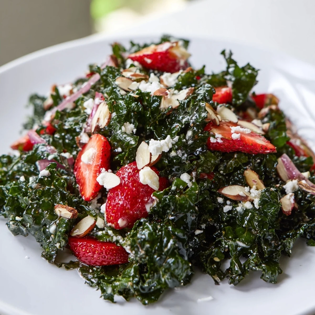 Vibrant strawberry kale salad tossed in sweet honey lemon dressing, sprinkled with toasted almonds