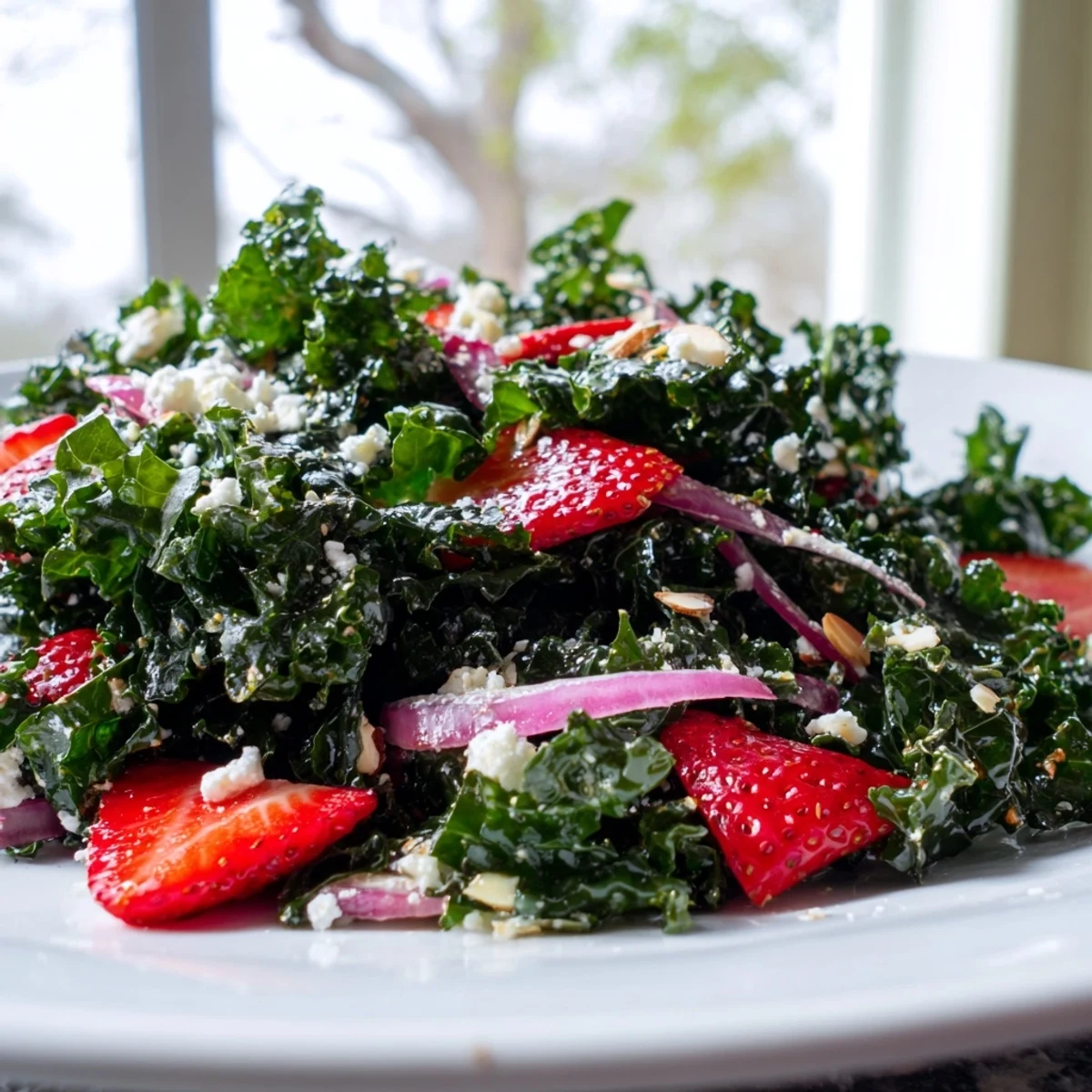 Crisp kale leaves topped with sliced strawberries, crumbled feta, and glossy honey lemon dressing