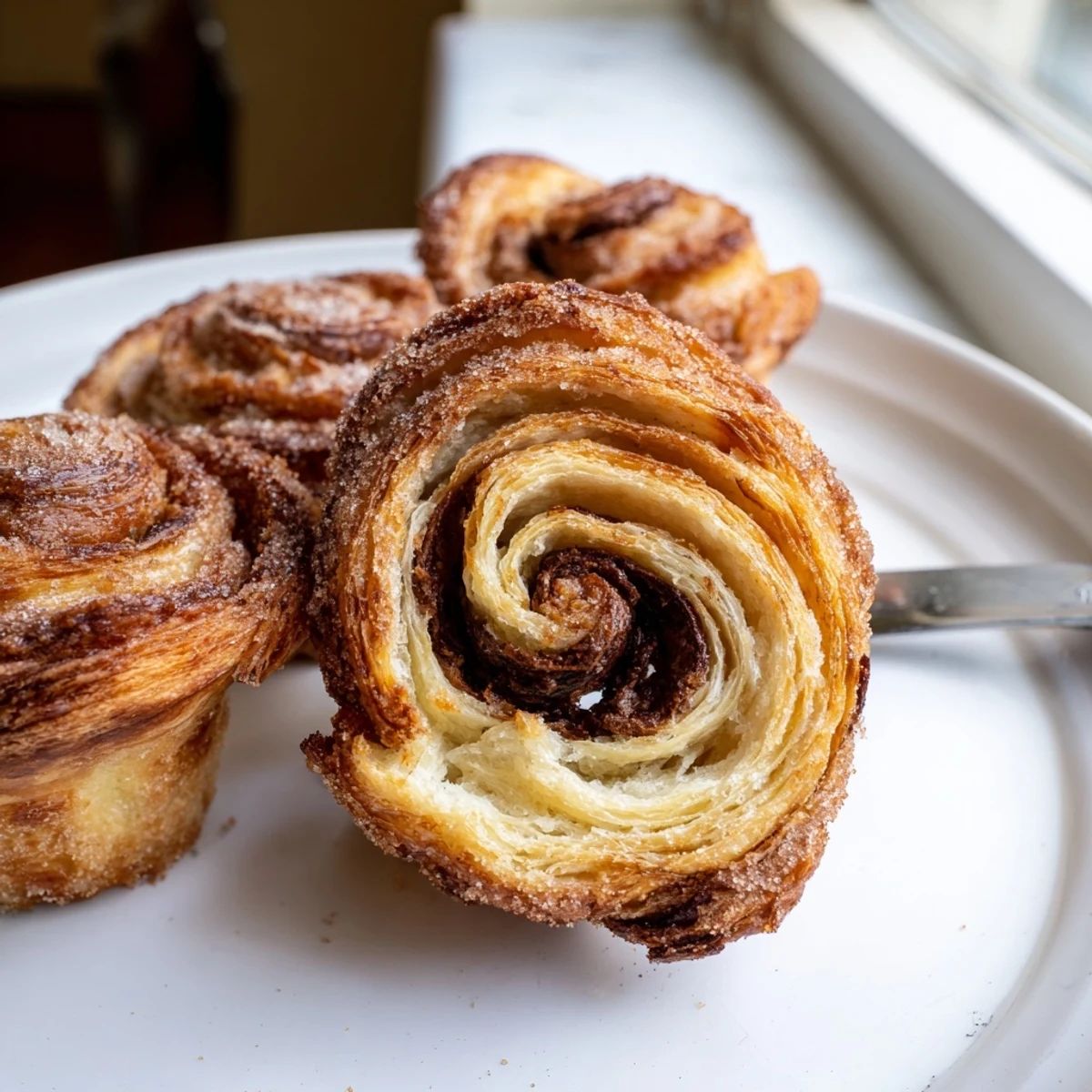 Golden cruffins with flaky layers dusted in cinnamon sugar on a rustic plate