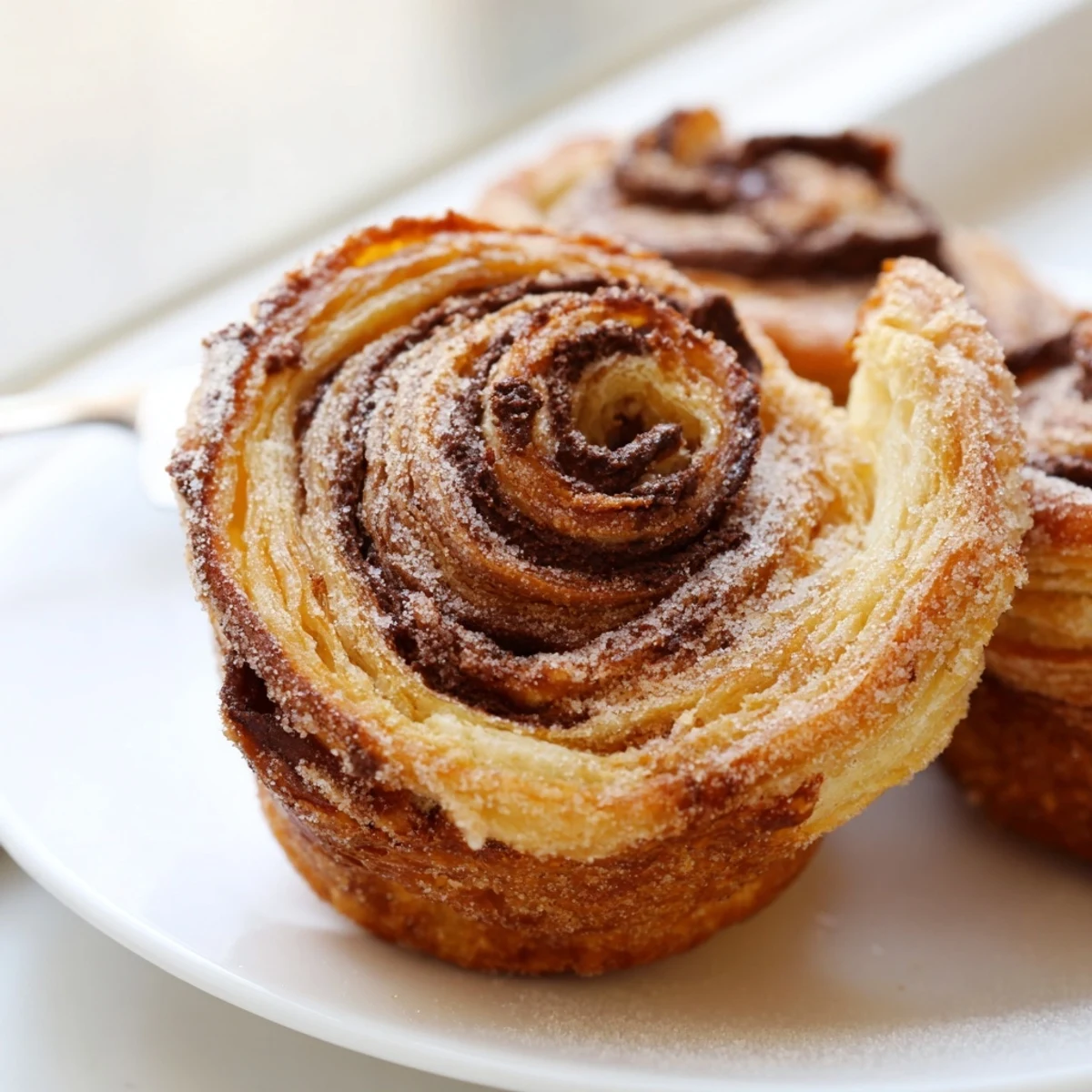 Buttery cruffins spiraling out of a muffin tin revealing rich jam filling inside