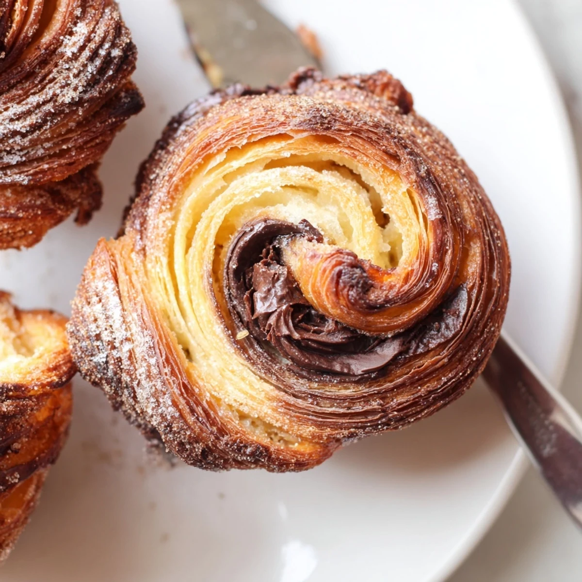 Freshly baked cruffins split open to show creamy Nutella drizzling from tender pastry layers