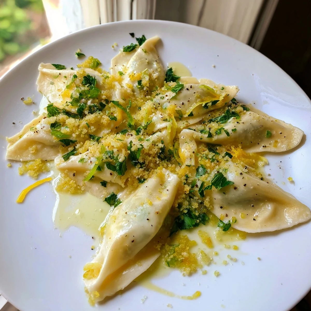 Golden leek burrata triangoli tossed in lemon butter sauce with crispy breadcrumbs