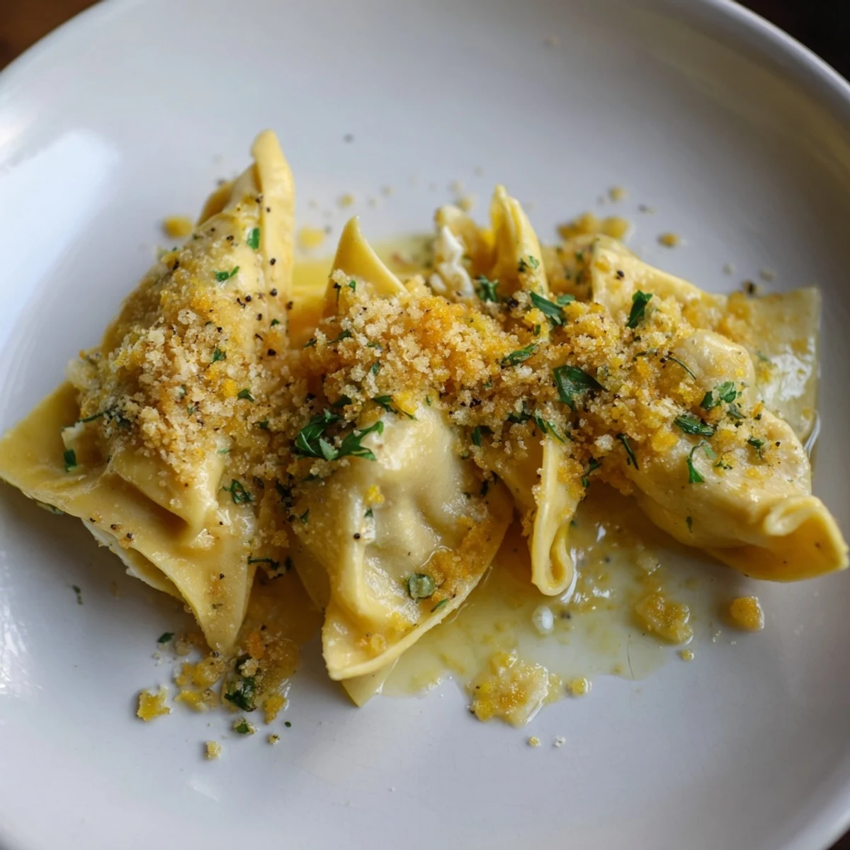 Creamy leek burrata triangoli on a white plate drizzled with zesty butter