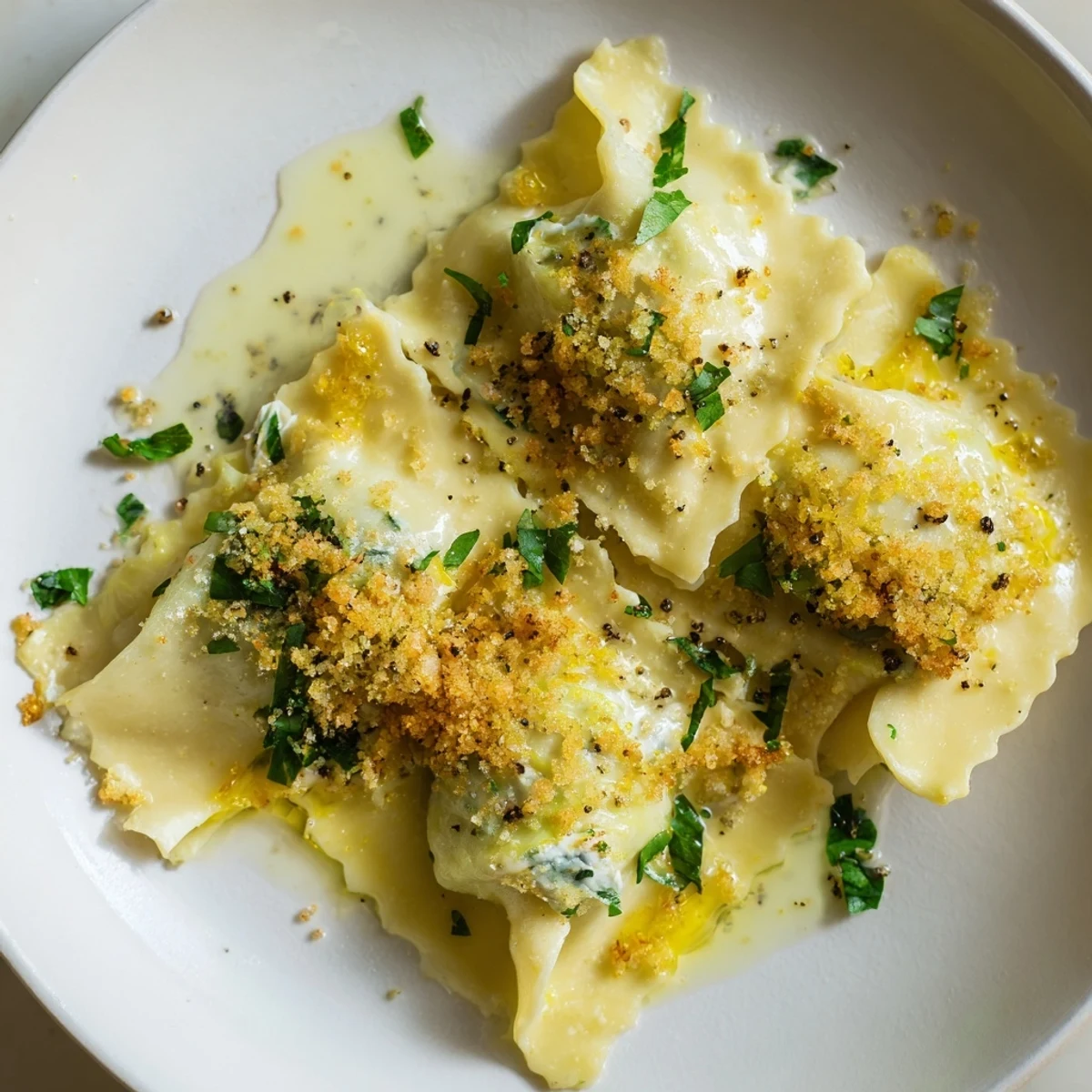 Steaming leek burrata triangoli topped with toasted sourdough crumbs and fresh parsley