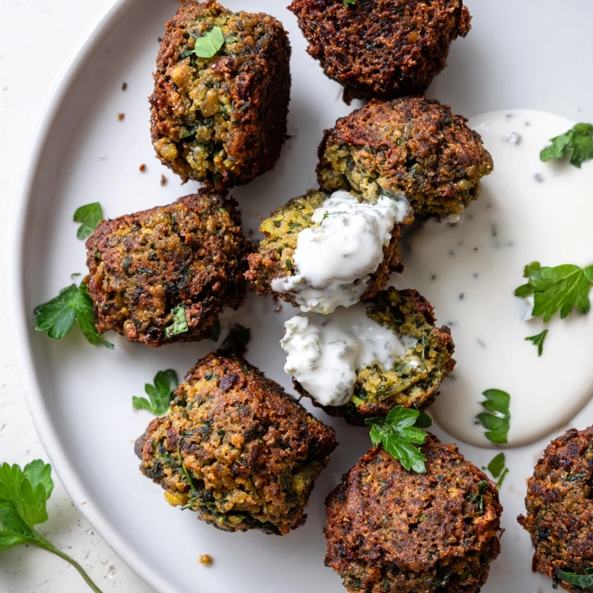 Golden crispy herb falafel bites arranged on a platter with creamy garlic yogurt sauce
