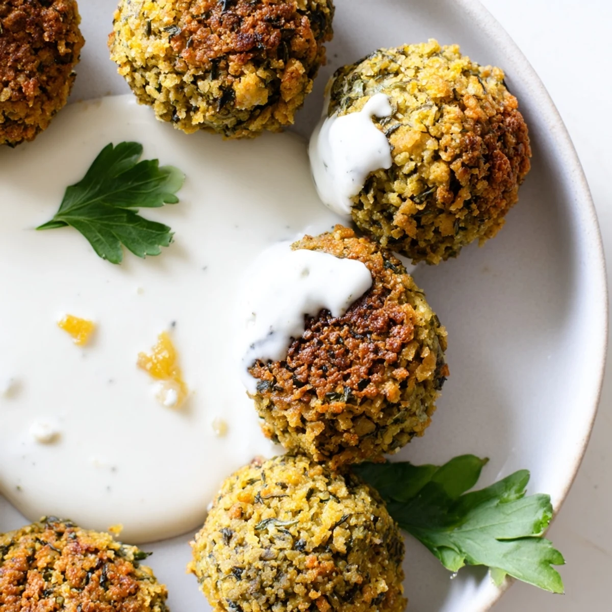 Crunchy herb falafel bites fresh from the skillet beside cool garlic yogurt dipping sauce