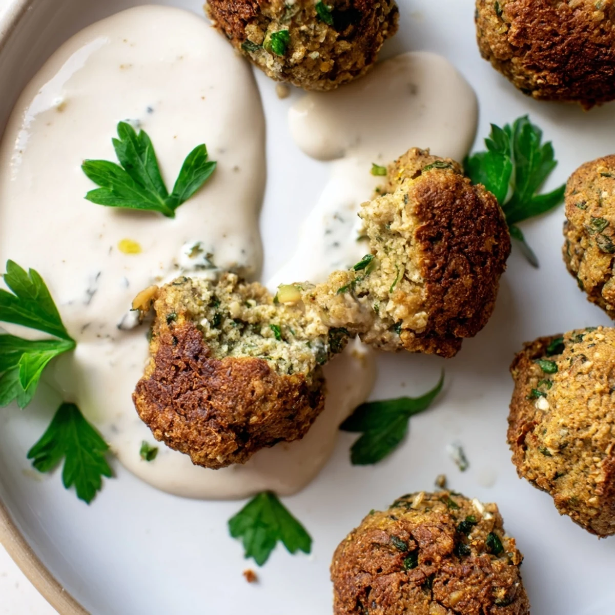 Crispy herb falafel bites nestled in warm pita drizzled with tangy garlic yogurt sauce