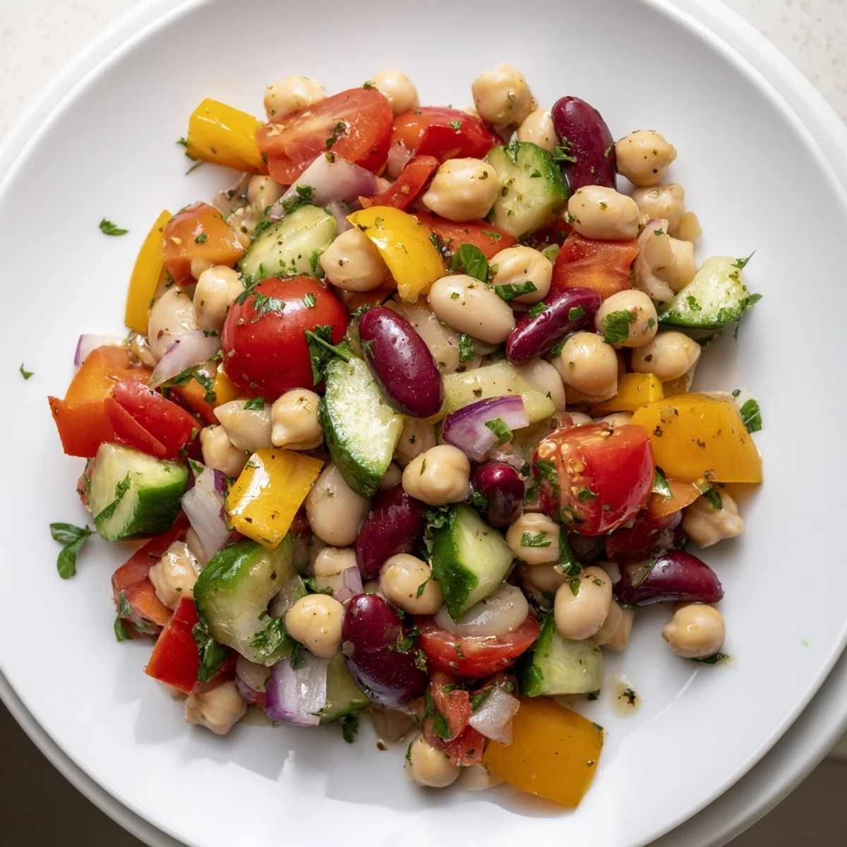 Colorful Italian bean salad with tender cannellini kidney and garbanzo beans tossed in zesty vinaigrette