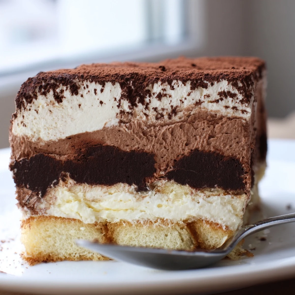 Velvety chocolate mousse tiramisu layered with coffee-soaked ladyfingers and dusted with rich cocoa powder