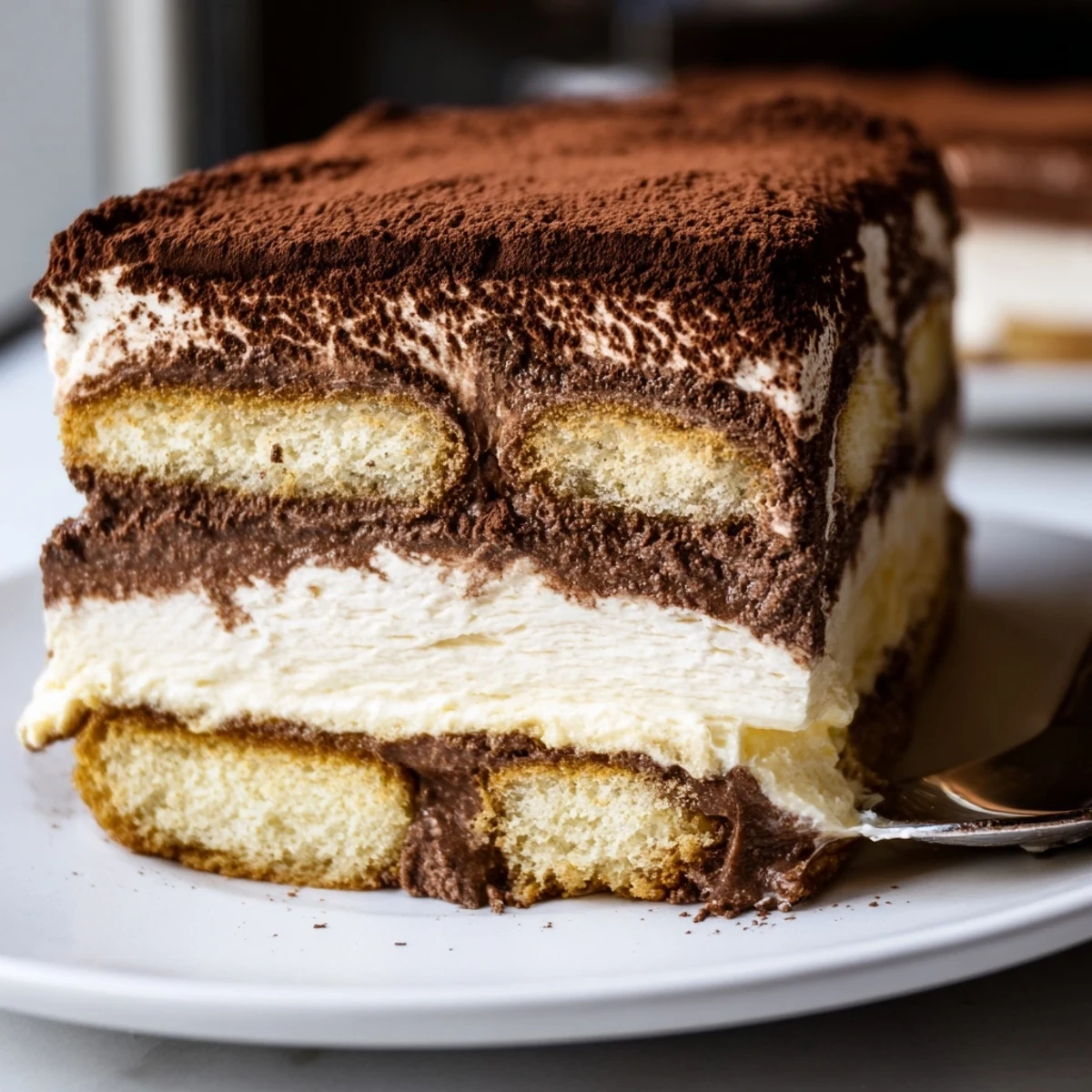 Creamy chocolate mousse tiramisu sliced to reveal layers of mascarpone, mousse, and espresso-drenched ladyfingers