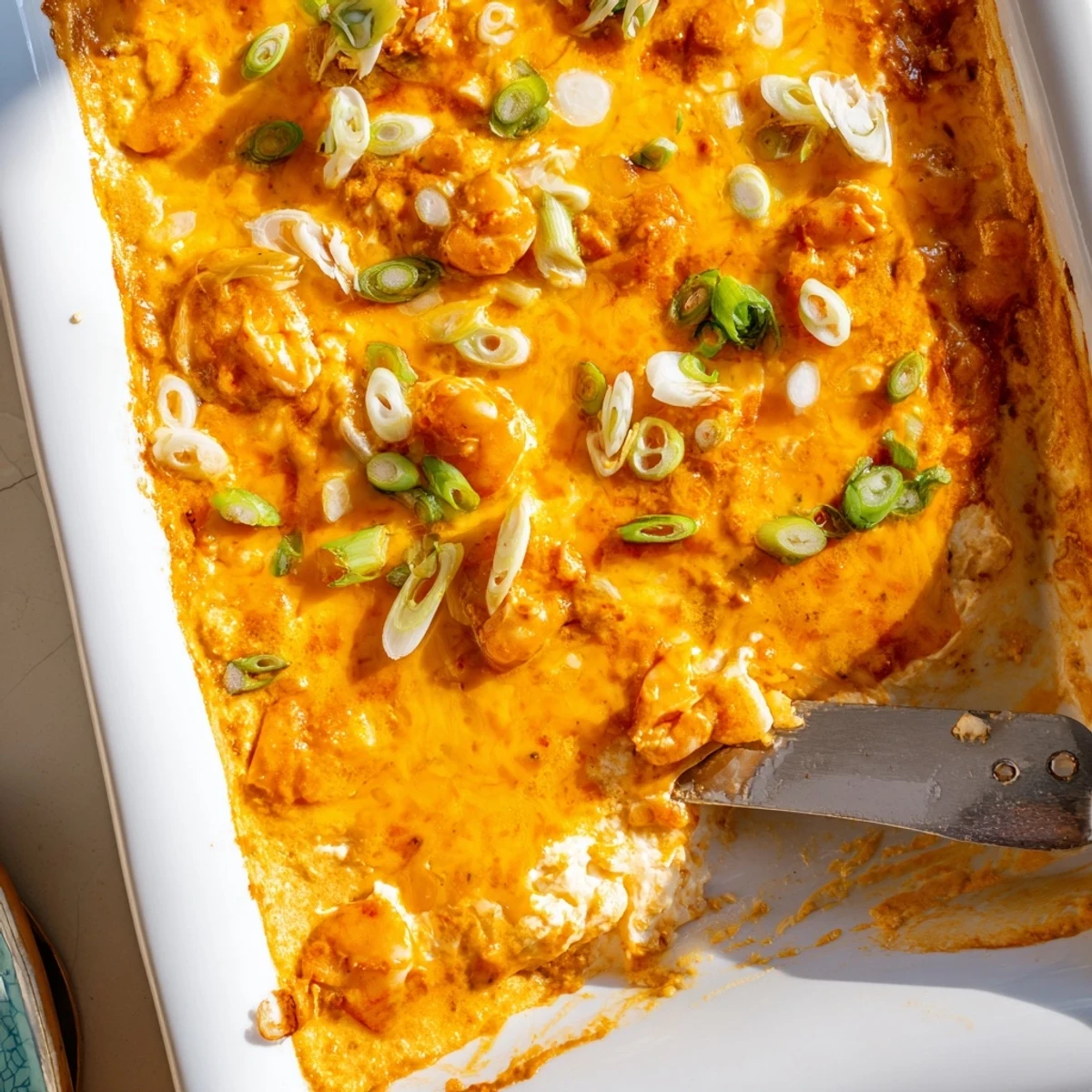Bubbling Extra Cheesy Bang Bang Shrimp Dip straight from the oven with golden melted cheese on top