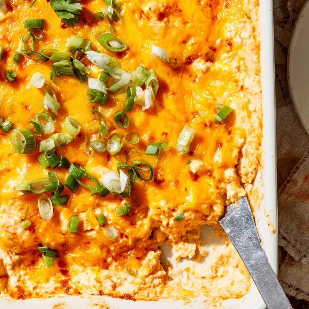 Creamy Extra Cheesy Bang Bang Shrimp Dip served warm in a cast iron skillet alongside tortilla chips