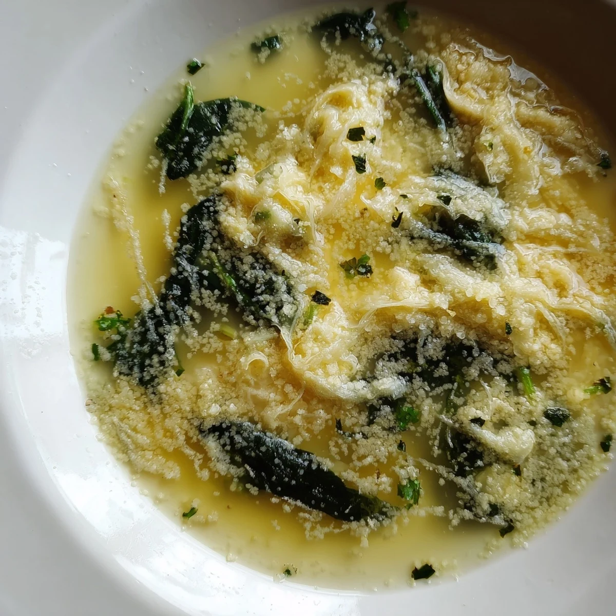 Steaming bowl of Stracciatella Soup with delicate egg ribbons and wilted spinach