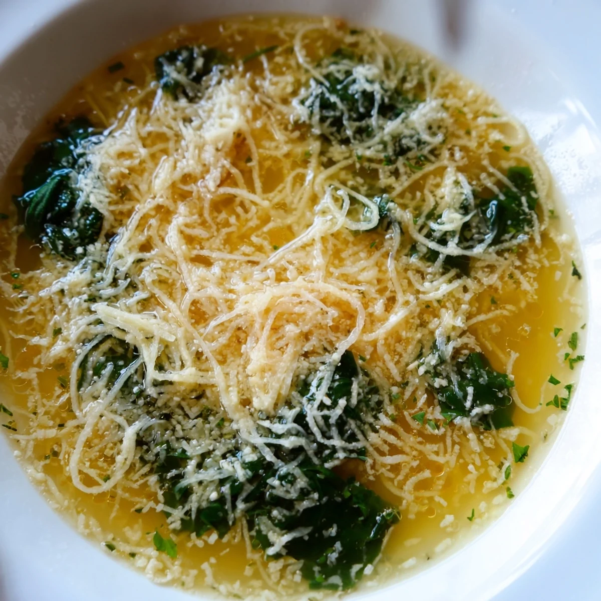 Creamy Stracciatella Soup ladled into a mug with fresh parsley garnish