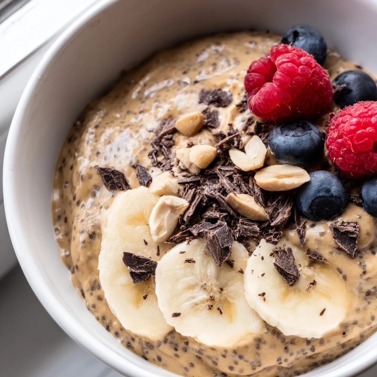 Creamy peanut butter chia pudding topped with sliced banana and roasted peanuts