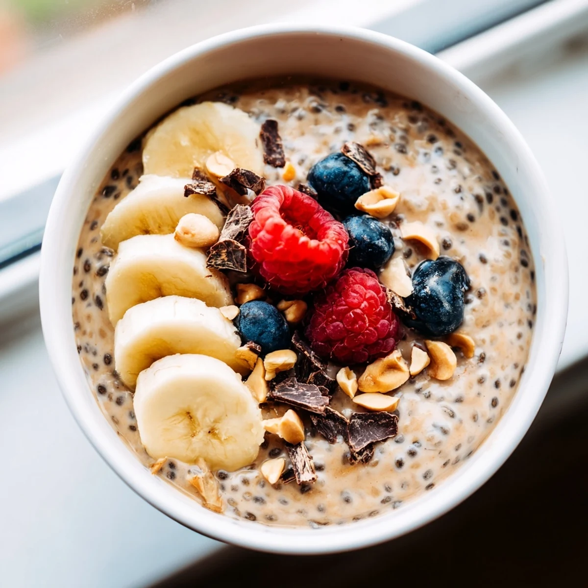 Thick peanut butter chia pudding served in mason jars with dark chocolate shavings