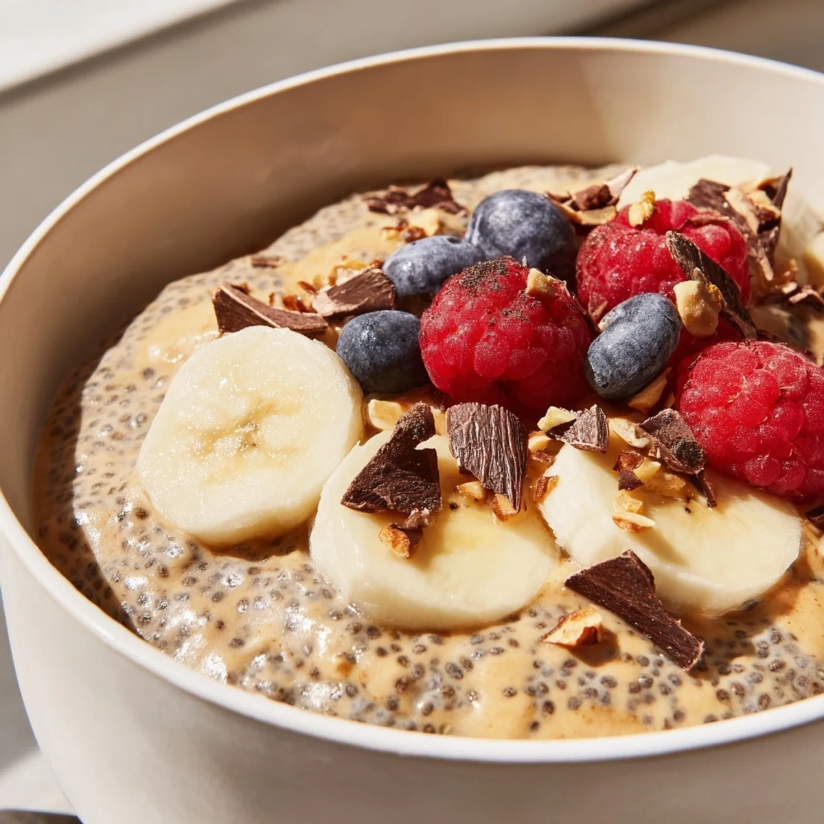 Velvety peanut butter chia pudding garnished with fresh berries in a white bowl
