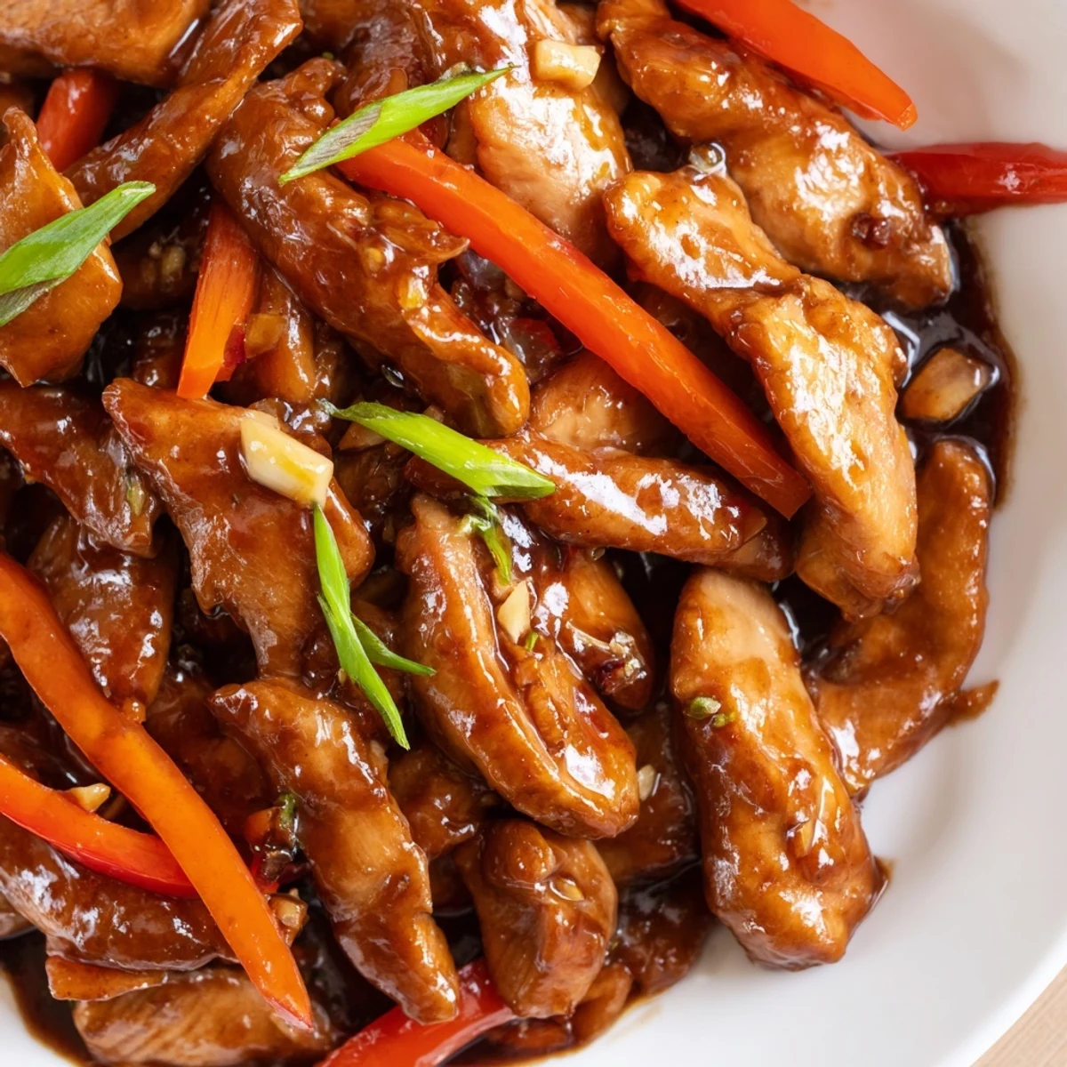 Garlicky stir fried Chinese garlic chicken sizzling in a wok with crisp vegetables and glossy sauce