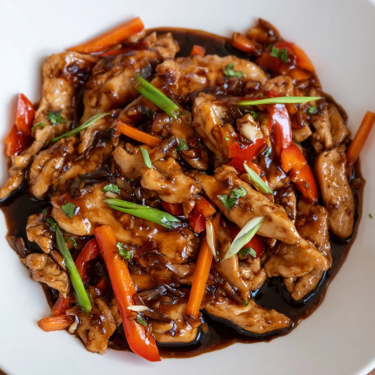 Stir fried Chinese garlic chicken served over steamed rice with vibrant red bell peppers and scallions