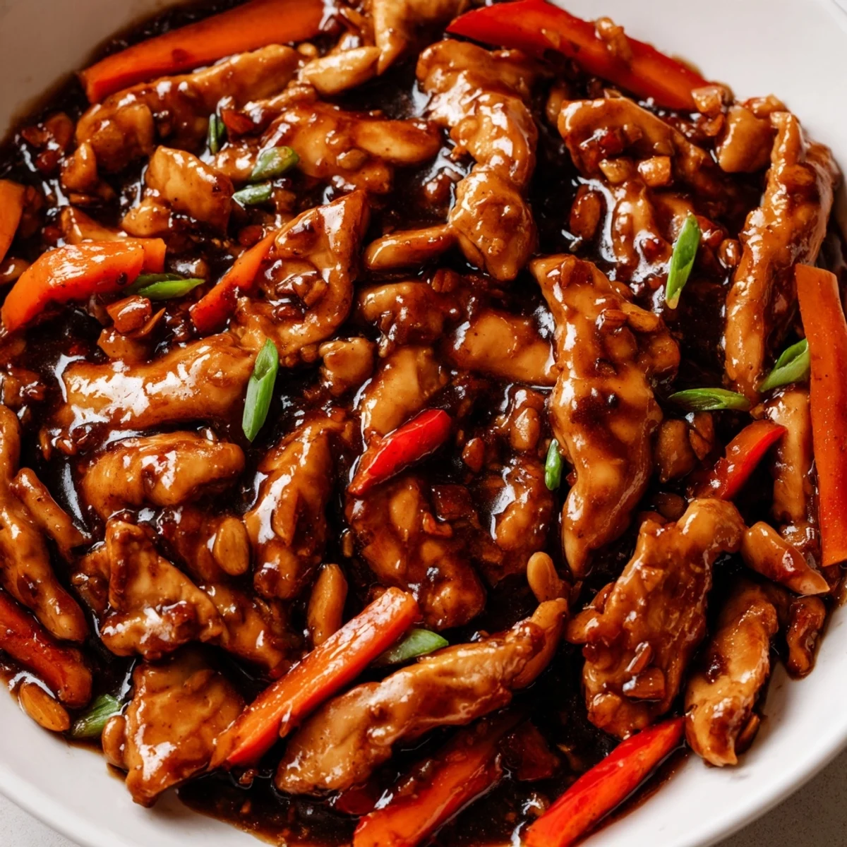 Tender stir fried Chinese garlic chicken coated in a rich, savory sauce with fresh ginger and julienned carrots