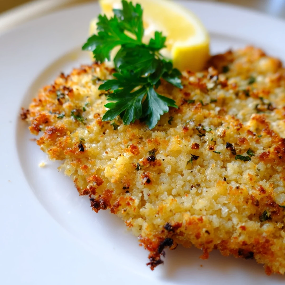Golden crispy savory herbed Parmesan chicken served on a rustic white dinner plate