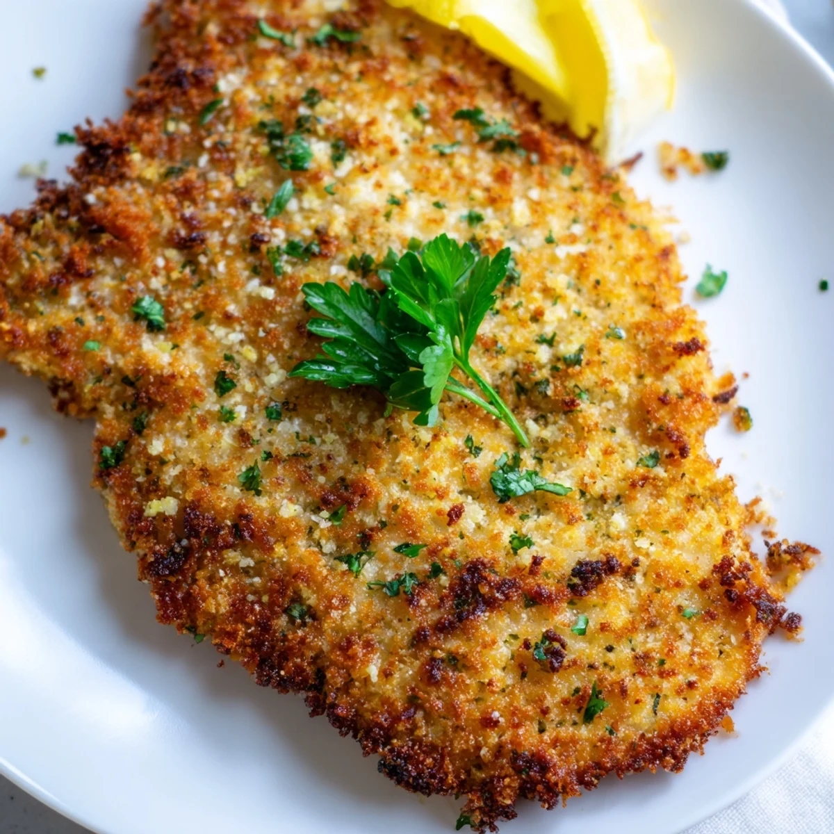 Juicy savory herbed Parmesan chicken sliced open showing tender herb-crusted meat inside