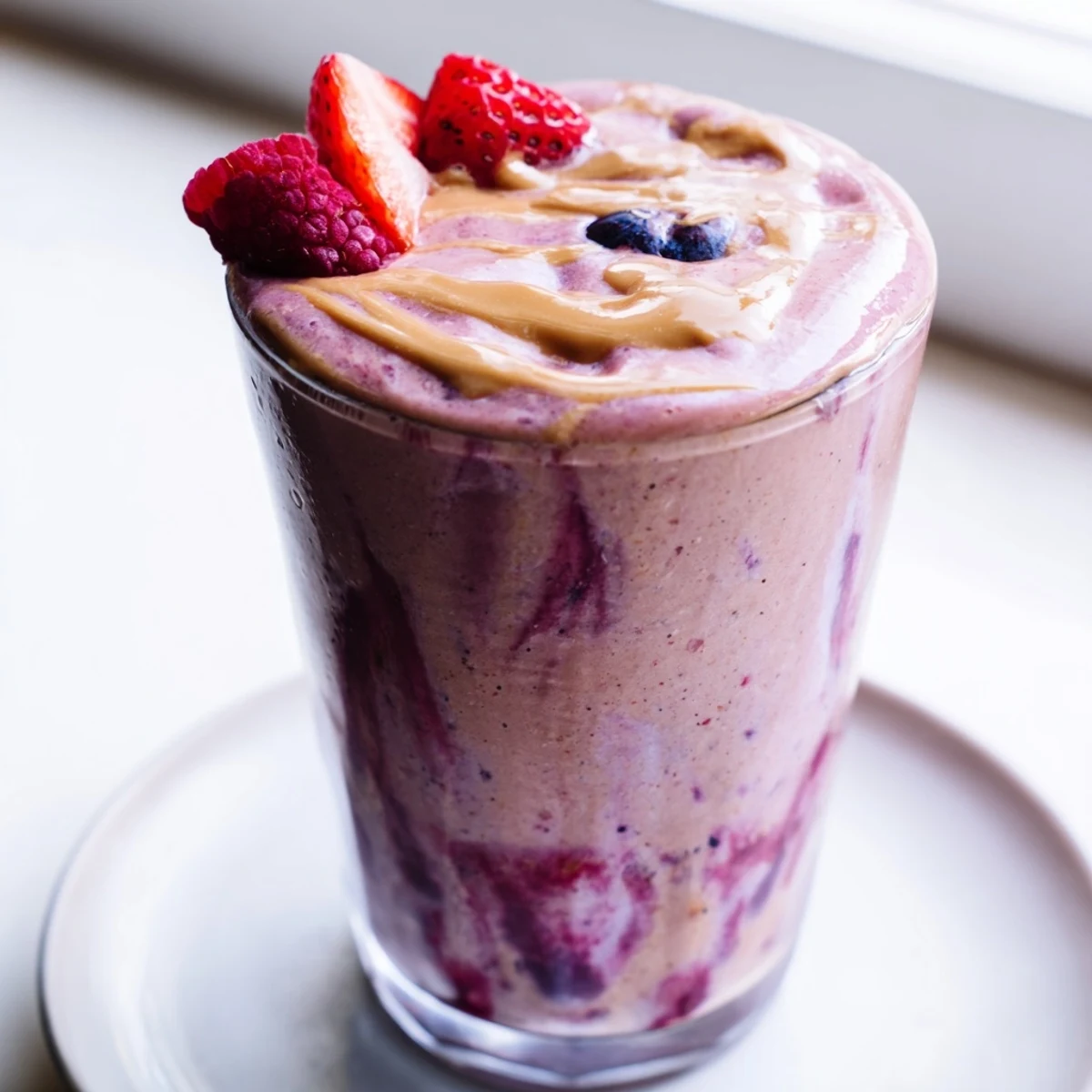 Thick purple peanut butter berry smoothie in a mason jar garnished with whole blueberries and a colorful striped paper straw