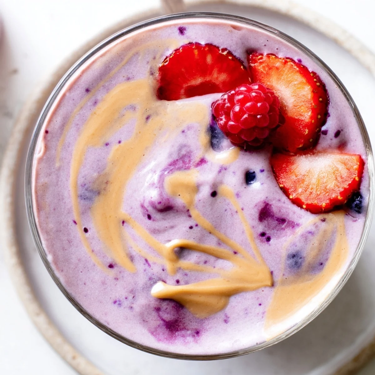Rich peanut butter berry smoothie blended to a velvety pink-purple hue and served in a chilled glass beside scattered fresh raspberries