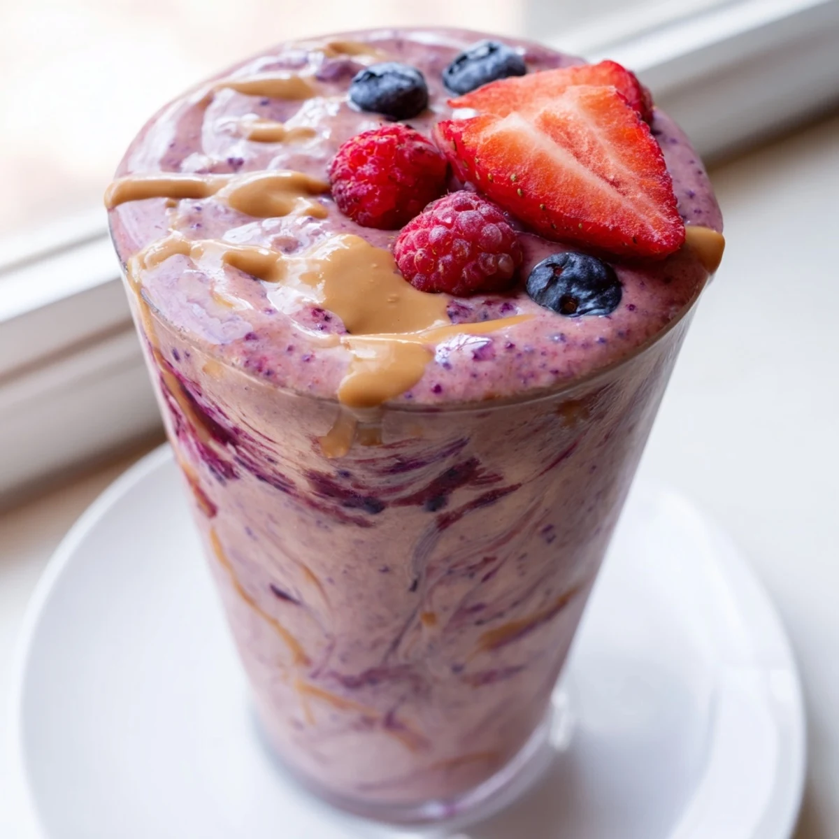 Creamy peanut butter berry smoothie poured into a tall glass topped with fresh strawberries and a swirled peanut butter drizzle