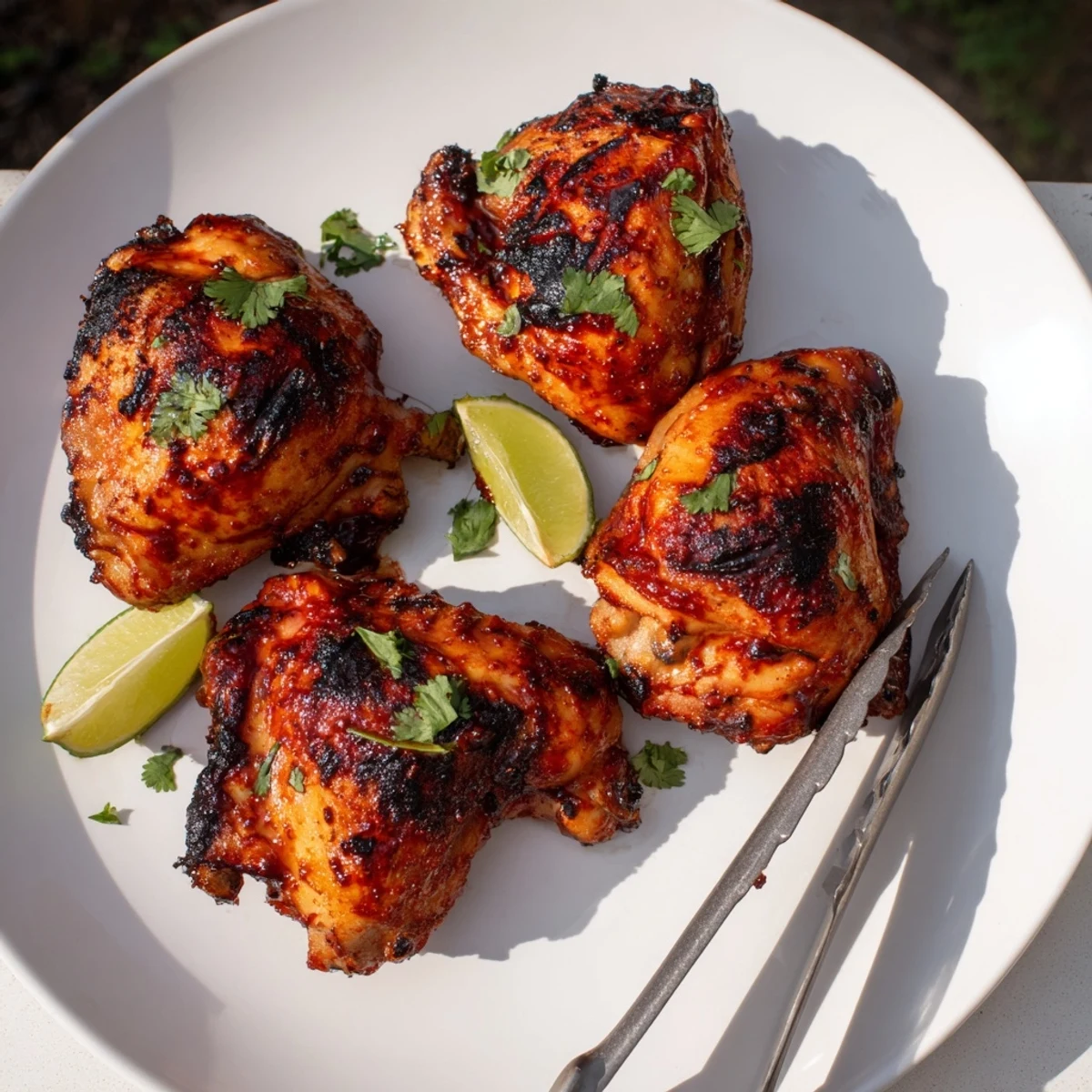 Crispy grilled chicken thighs glazed with sticky honey and smoky sriracha, fresh off the grill.