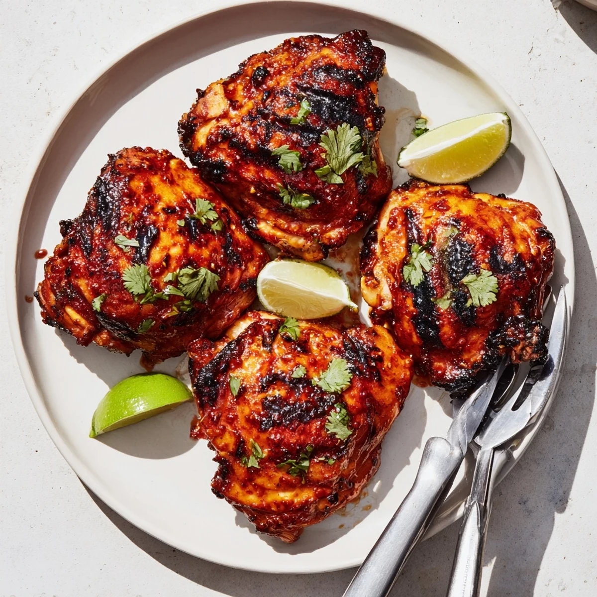 Juicy sweet n spicy grilled chicken thighs with charred skin served on a rustic plate.