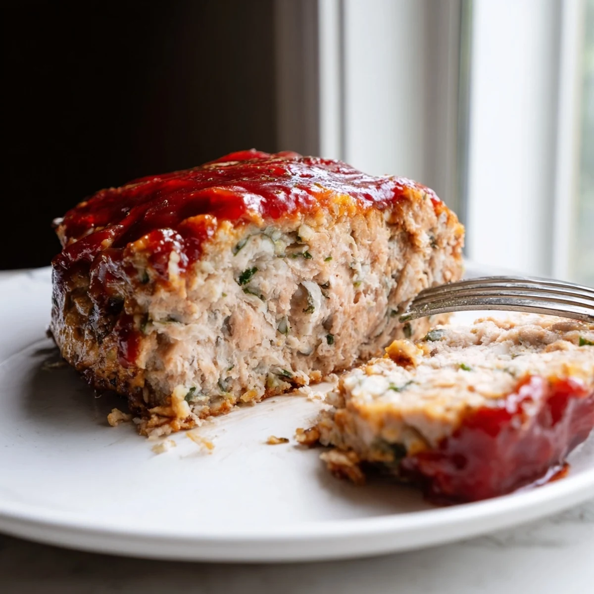 Golden Parmesan chicken meatloaf sliced thick with tangy tomato glaze drizzled on top