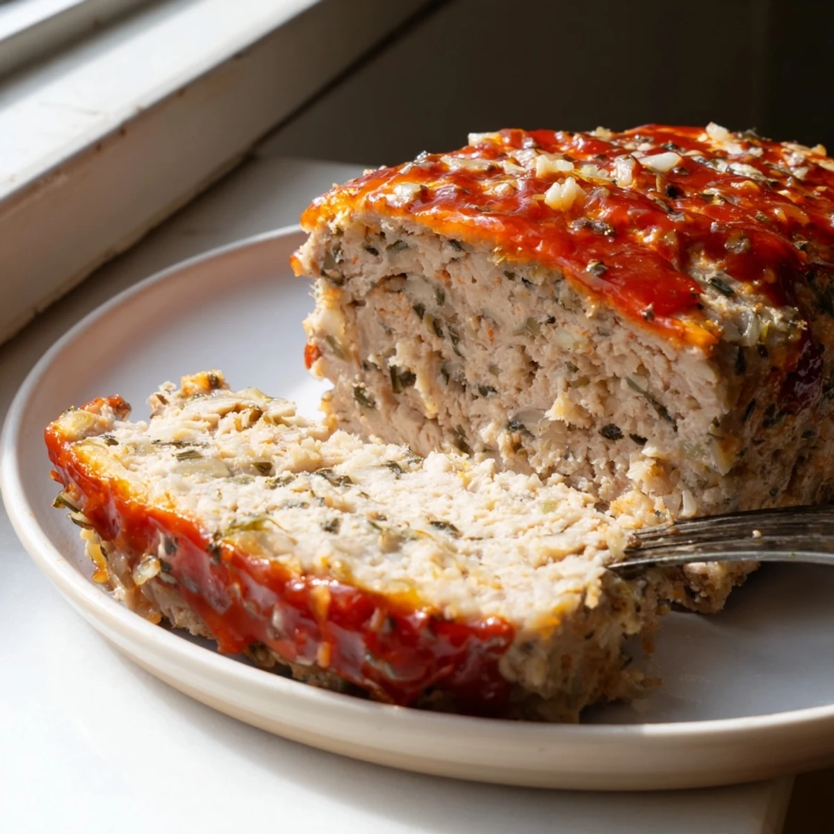 Juicy Parmesan chicken meatloaf fresh from the oven with a bubbling marinara glaze