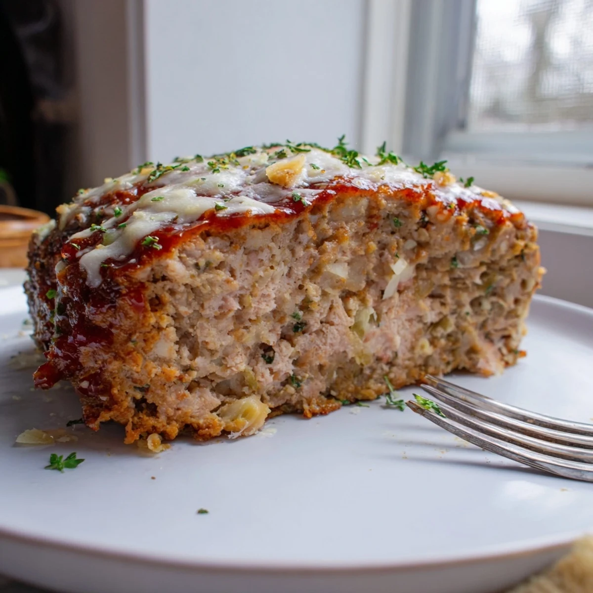 Tender Parmesan chicken meatloaf garnished with fresh herbs resting on a rustic cutting board