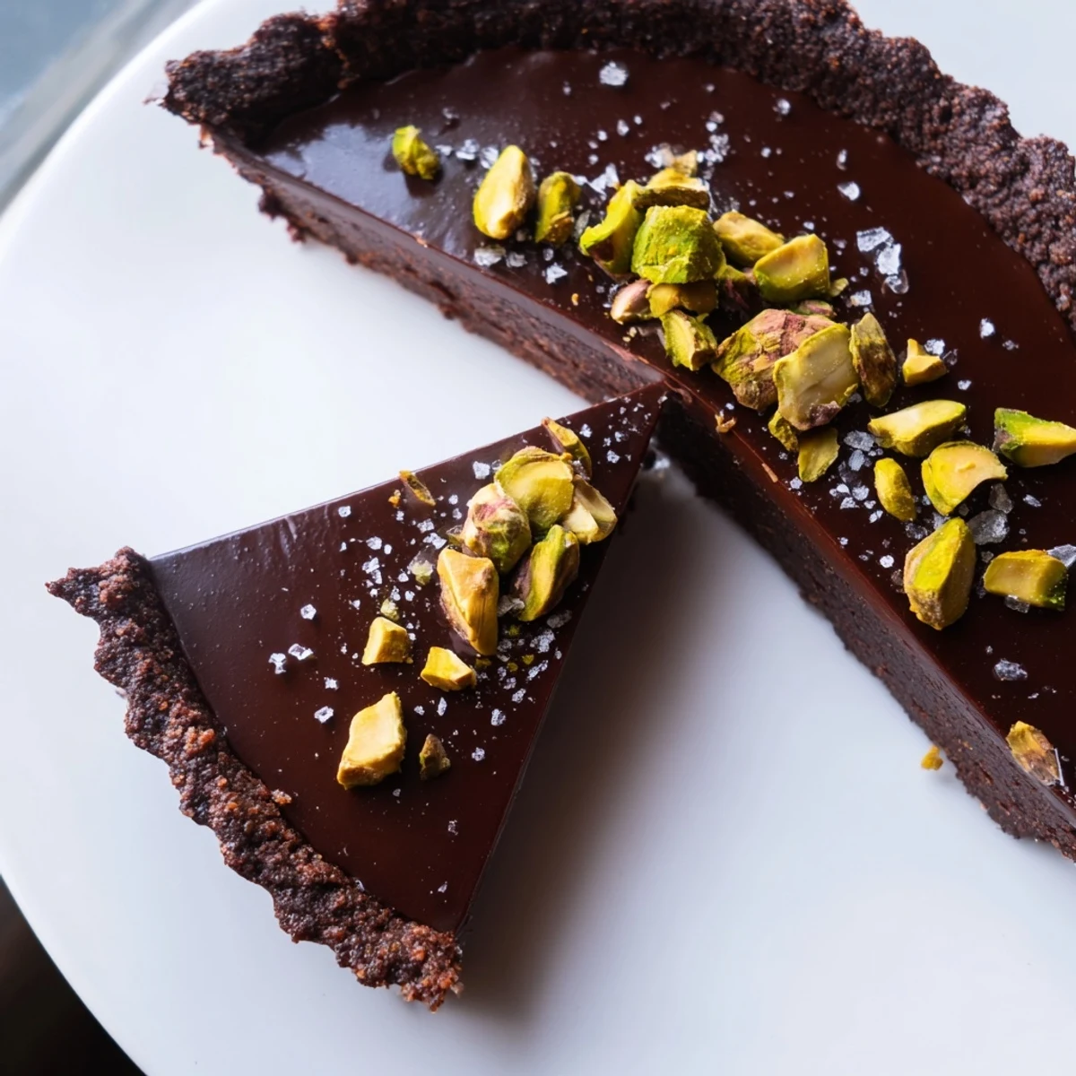 Dark Chocolate Pistachio Tart with glossy ganache and crunchy green pistachios on a chocolate crust