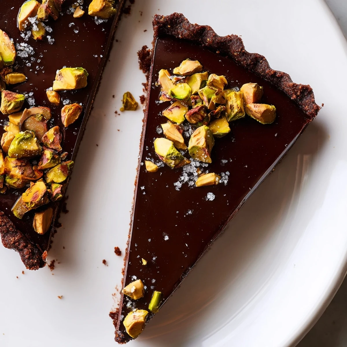 Velvety Dark Chocolate Pistachio Tart topped with salted pistachios in a crisp cocoa pastry shell