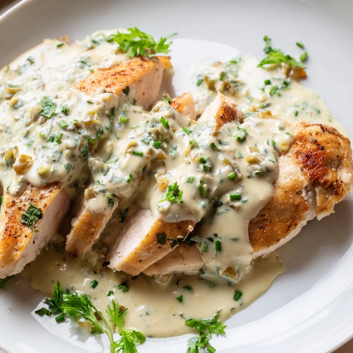 Creamy Boursin sauce with garlic and fine herbs drizzled over golden pan-seared chicken breasts